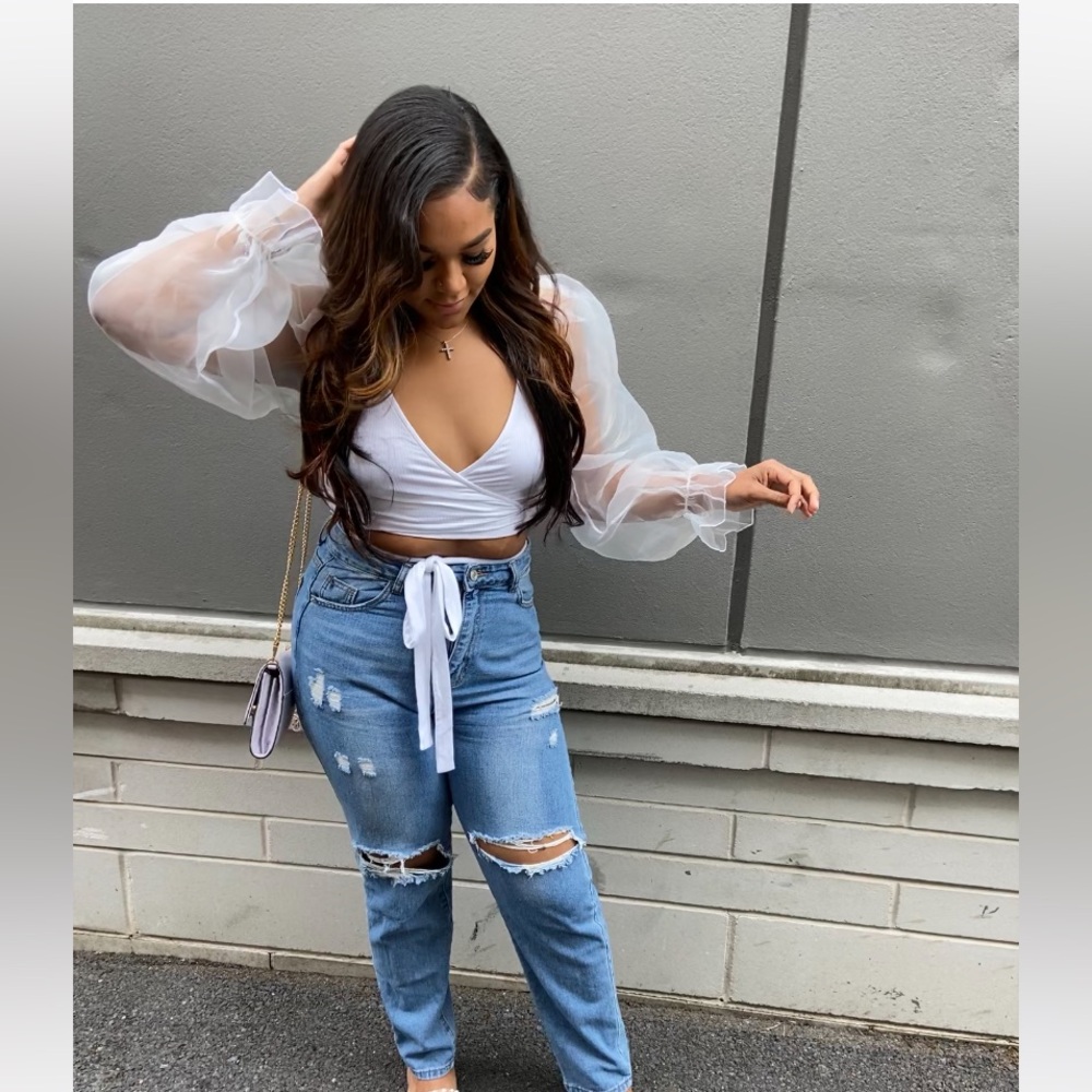 Zara White tie top with dramatic mesh sleeves